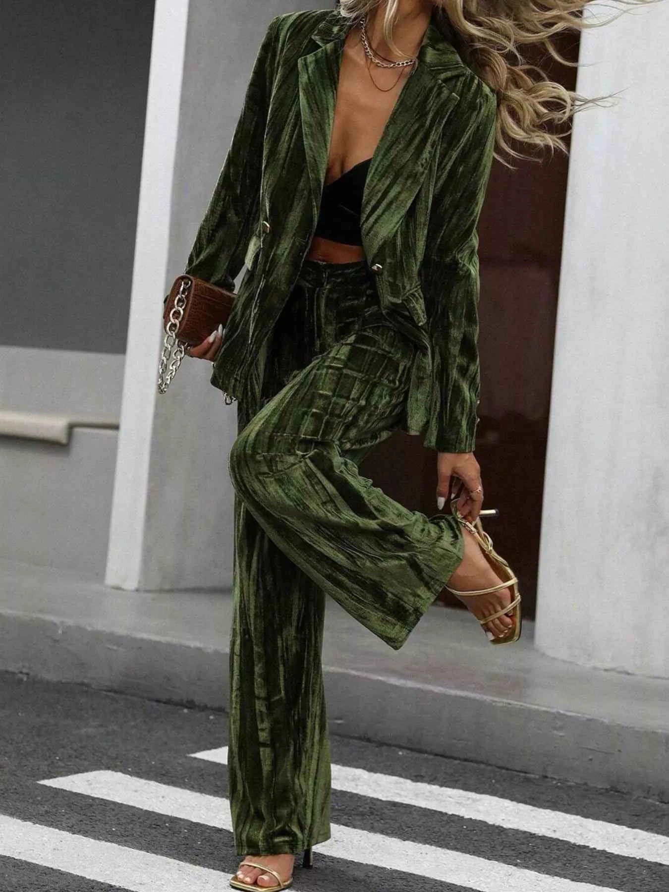 Lapel Collar Long Sleeve Blazer and Pants Set