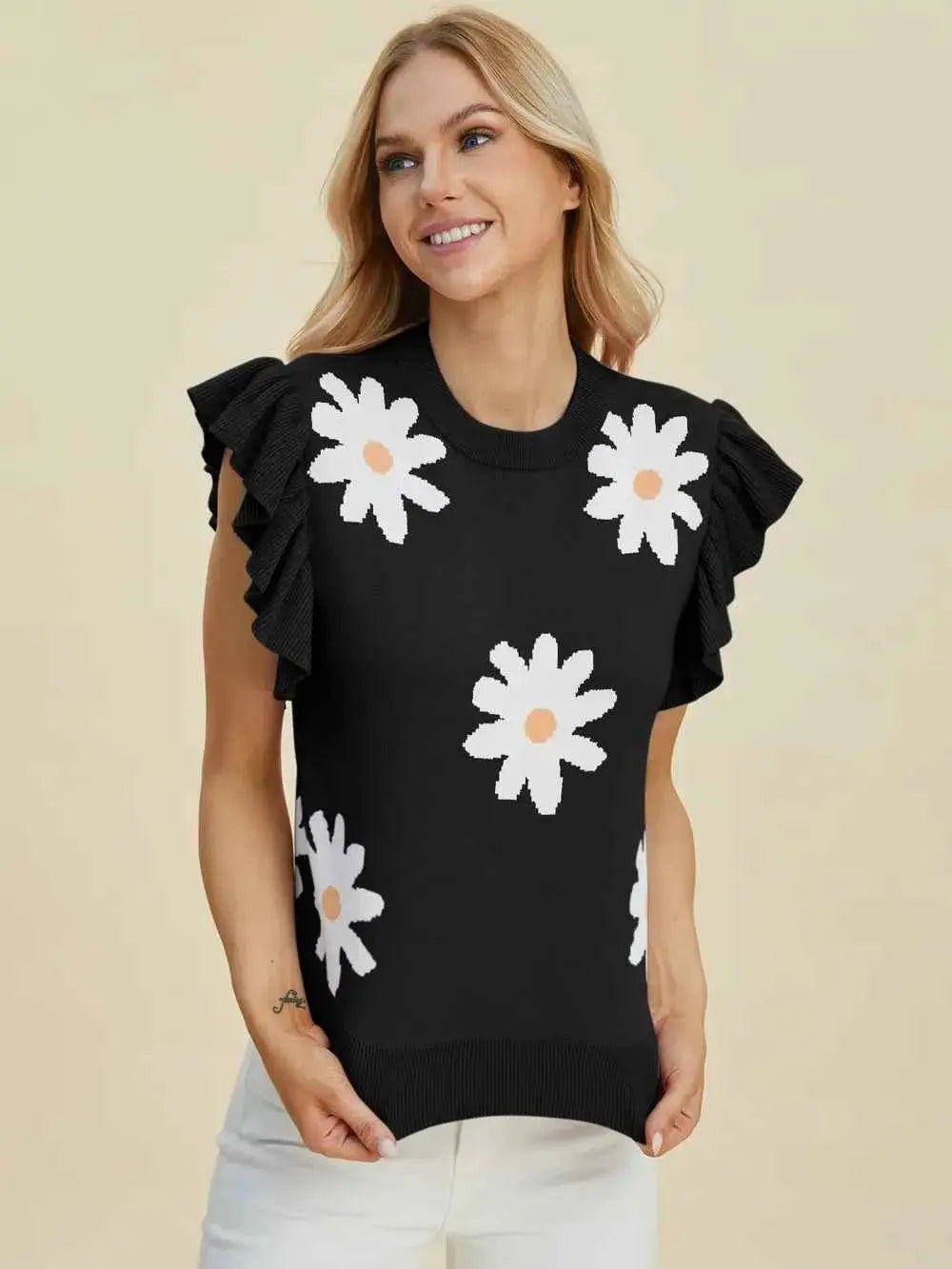 Ruffled Flower Round Neck Cap Sleeve Sweater.