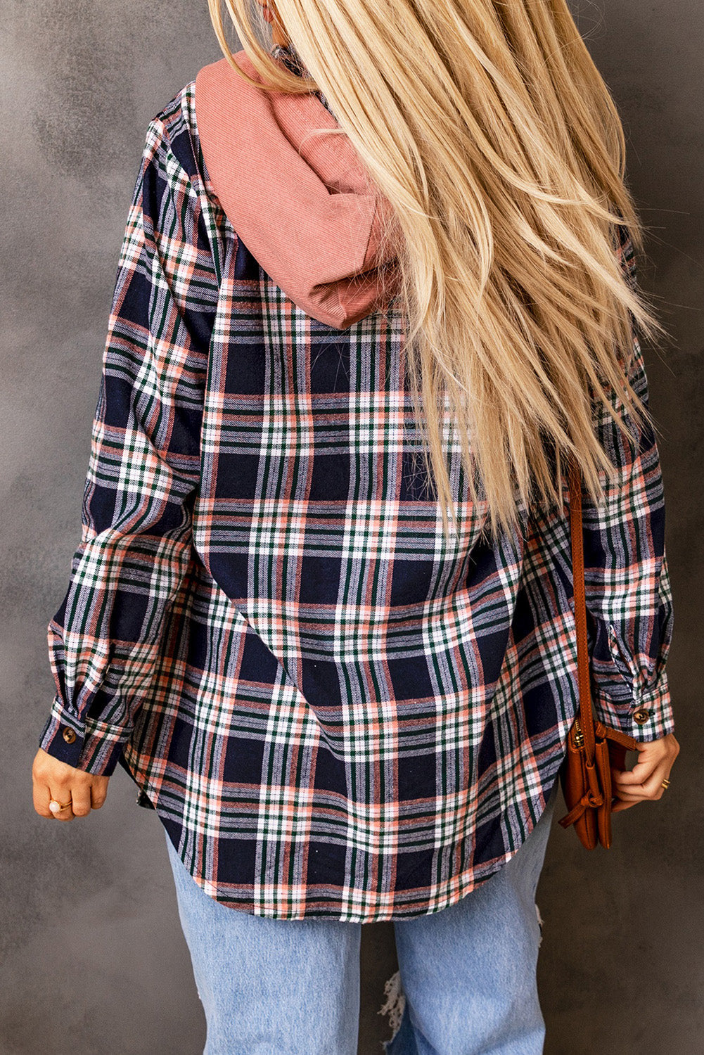 Pink Contrast Hooded Drawstring Plaid Shacket Dear-Lover Dropshipping
