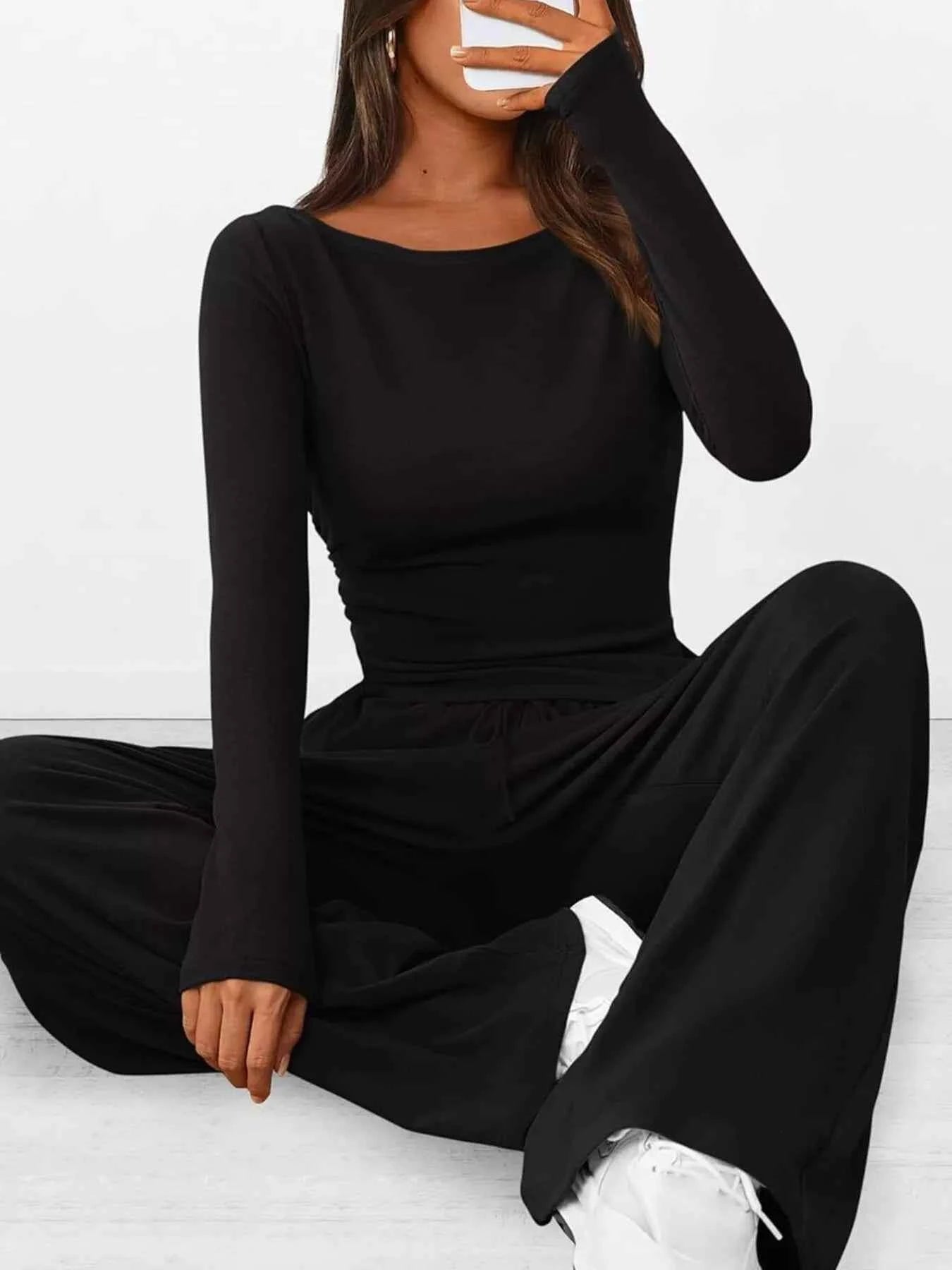 Long Sleeve Top and Wide Leg Pants Set