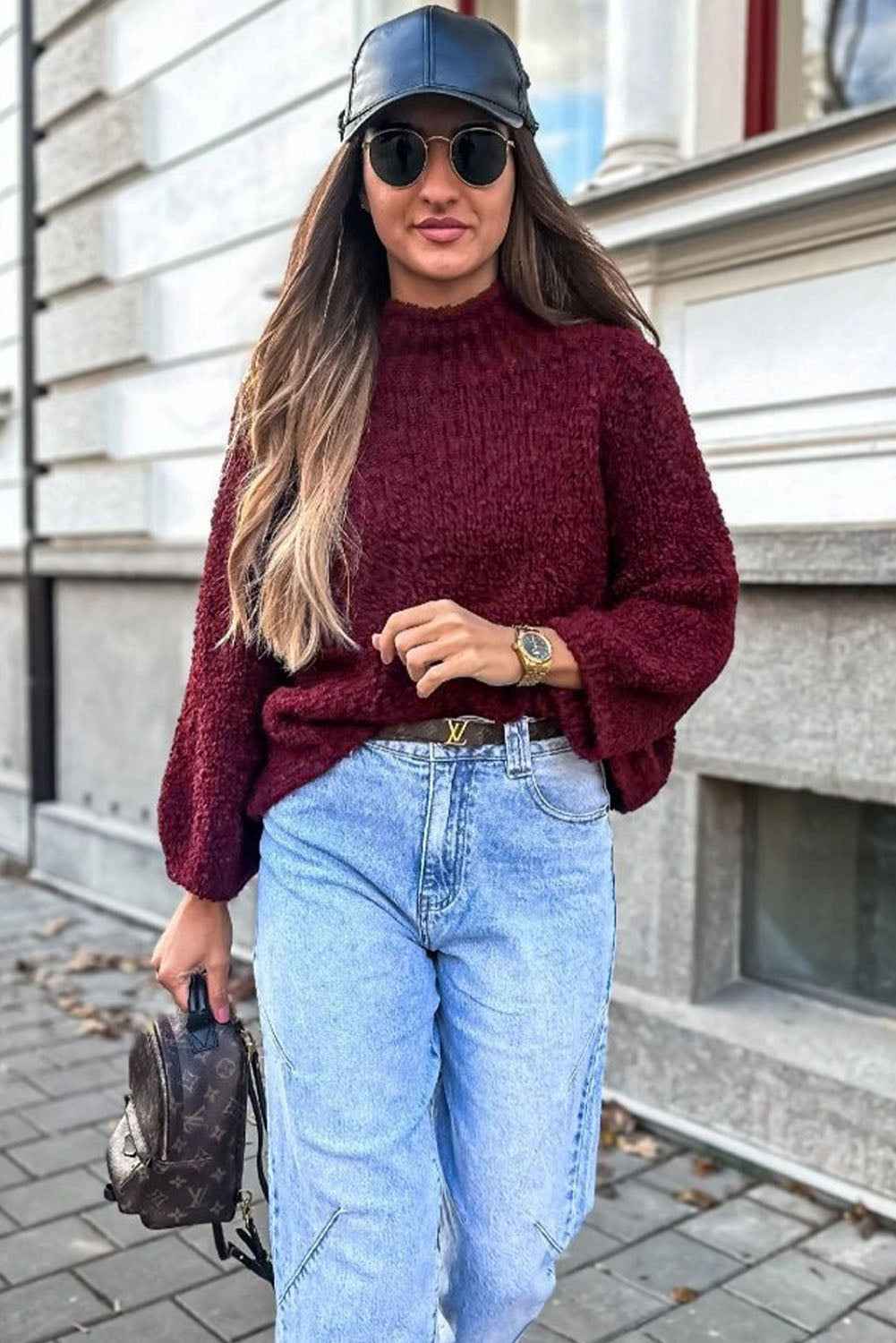 Burgundy Popcorn Mock Neck Solid Sweater