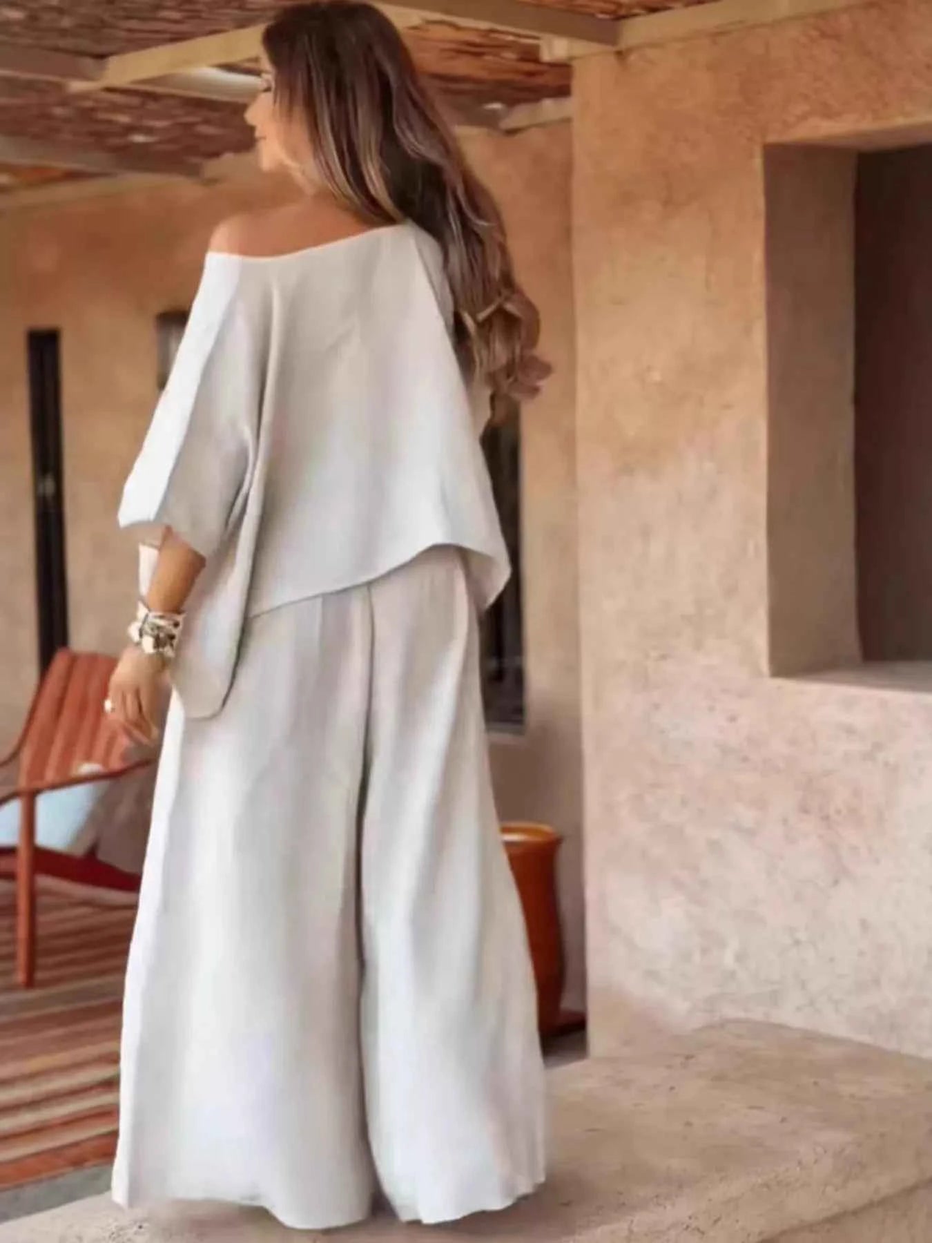 Full Size Boat Neck Top and Wide Leg Pants Set Plus Size.