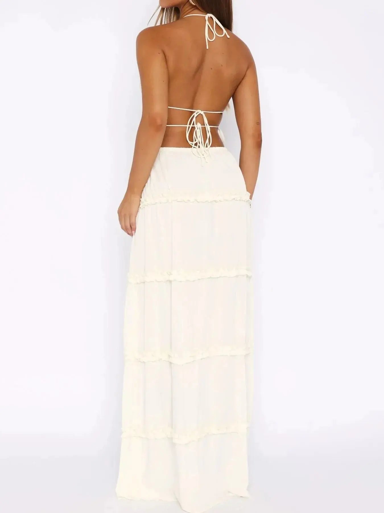 Halter Crop Backless Top and Maxi Skirt Set.