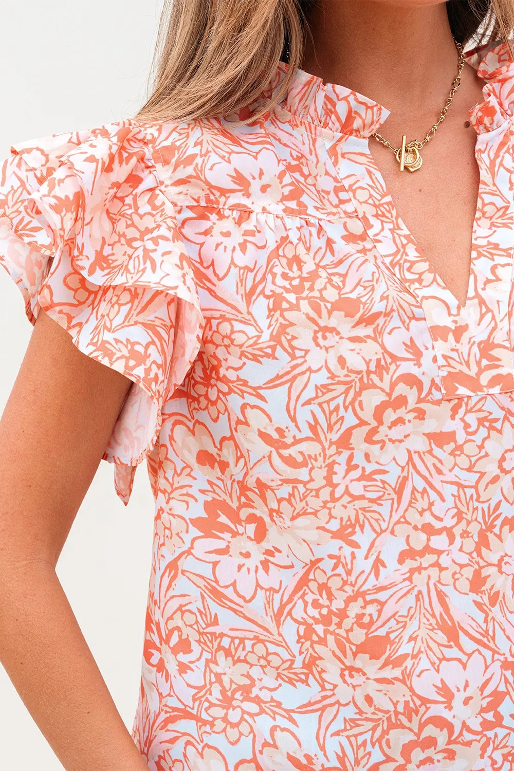 Floral Ruffle Sleeve Split Neck Blouse.