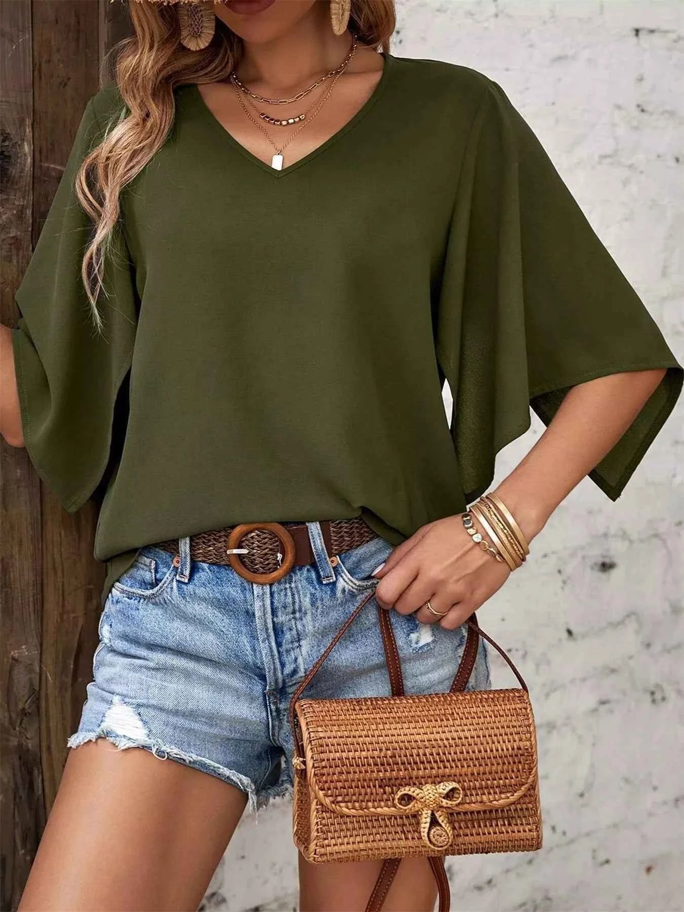 V-Neck Flutter Sleeve Blouse.
