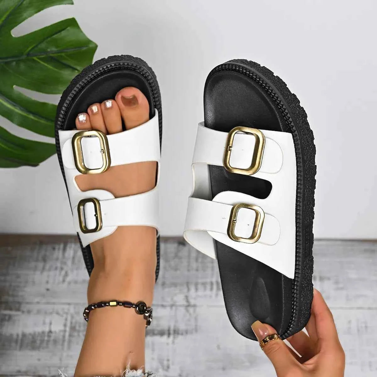 Double Buckle Slide Sandals