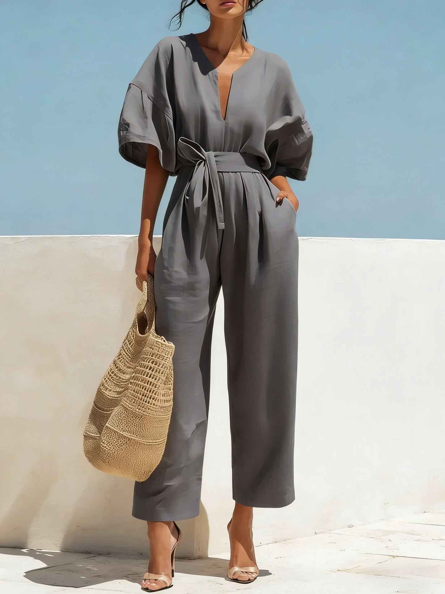 Fashionable V-Neck Solid Color Cotton-Linen Jumpsuit For Women