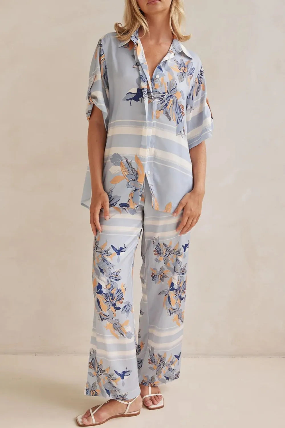 Printed Button Up Shirt and Pants Set - CHIC TB