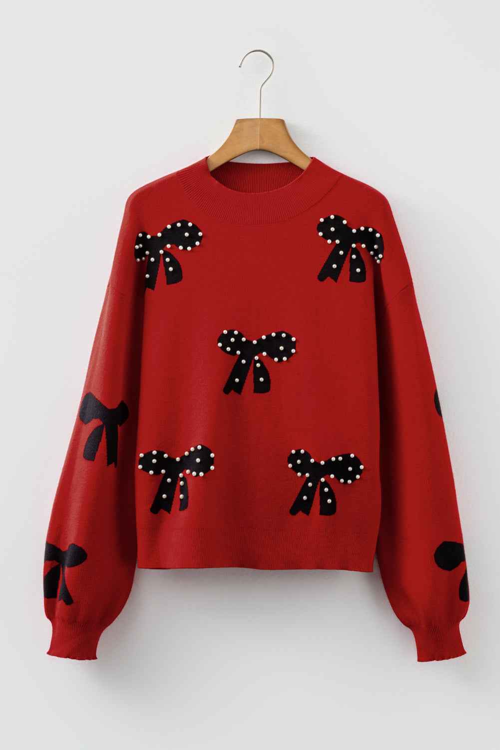 Racing Red Pearl Embellished Bow Pattern Loose Sweater