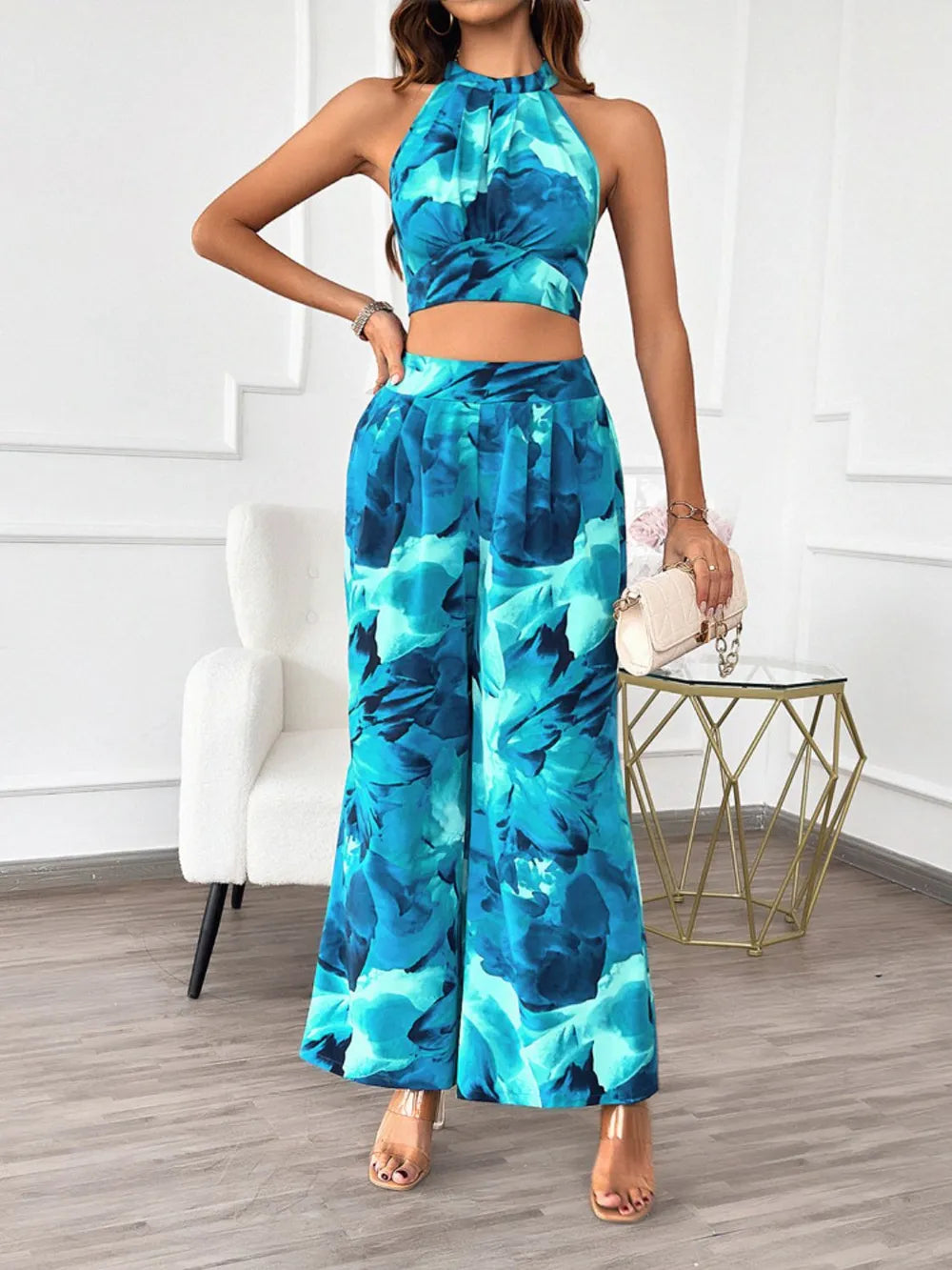 Devine Printed Halter Neck Top and Pants Set - CHIC TB