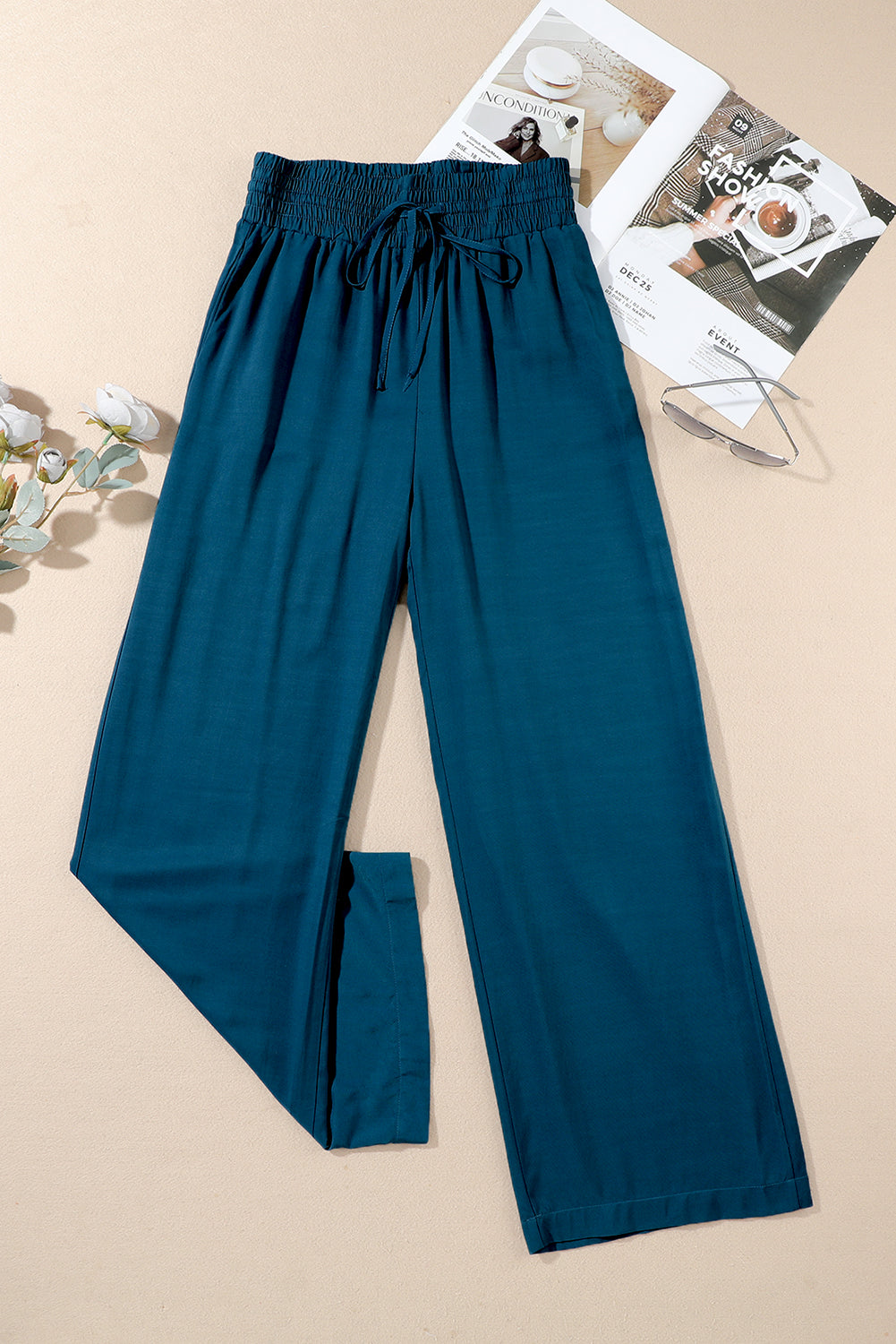 Blue Drawstring Elastic Waist Casual Wide Leg Pants Dear-Lover Dropshipping