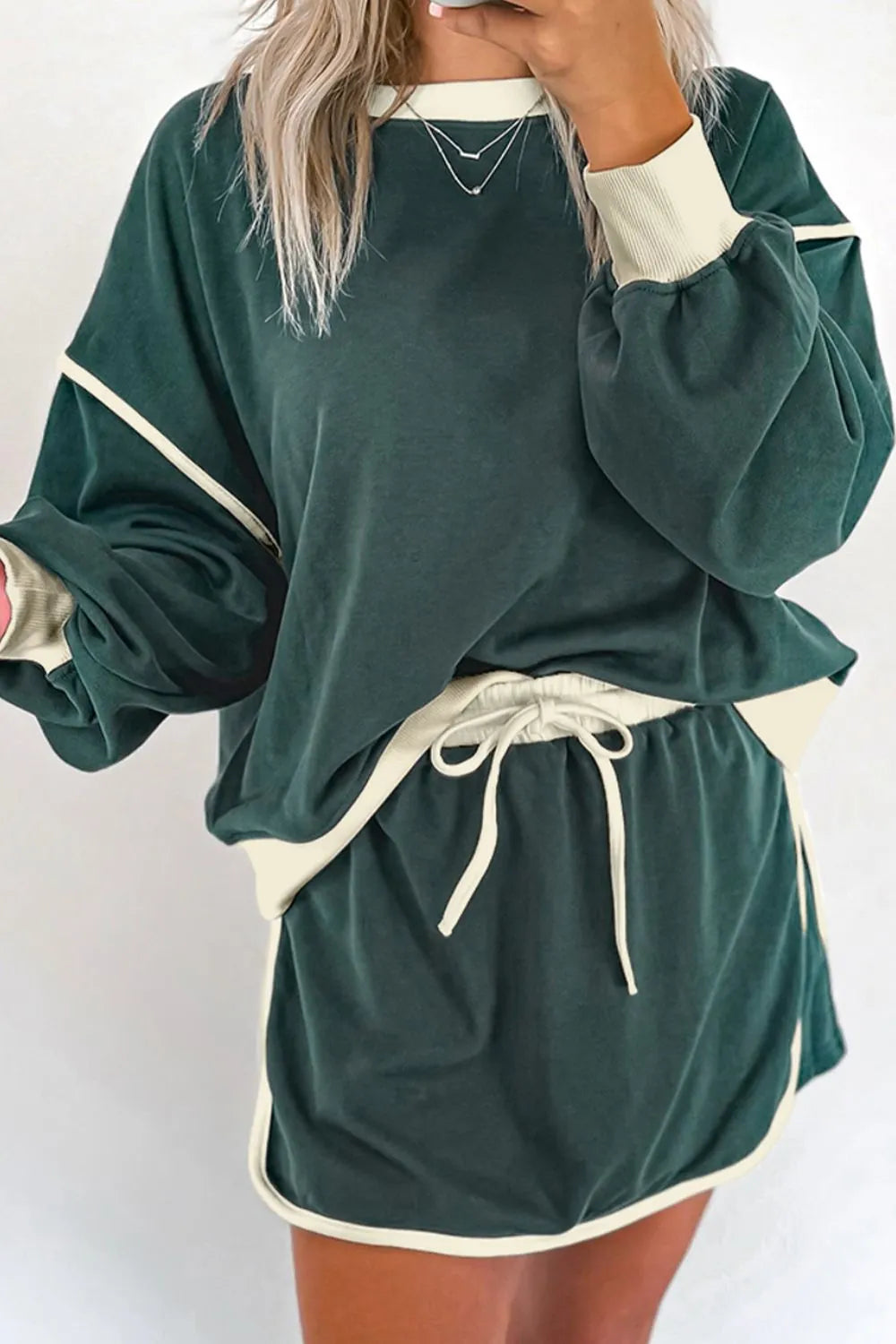 Contrast Trim Round Neck Top and Skort Set.