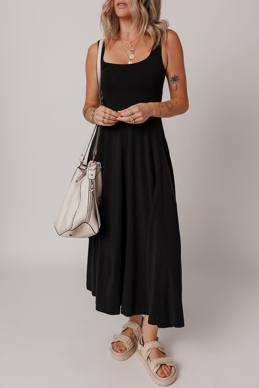 Black Sleeveless Scoop Neck Flared Split Midi Dress Dear-Lover Dropshipping