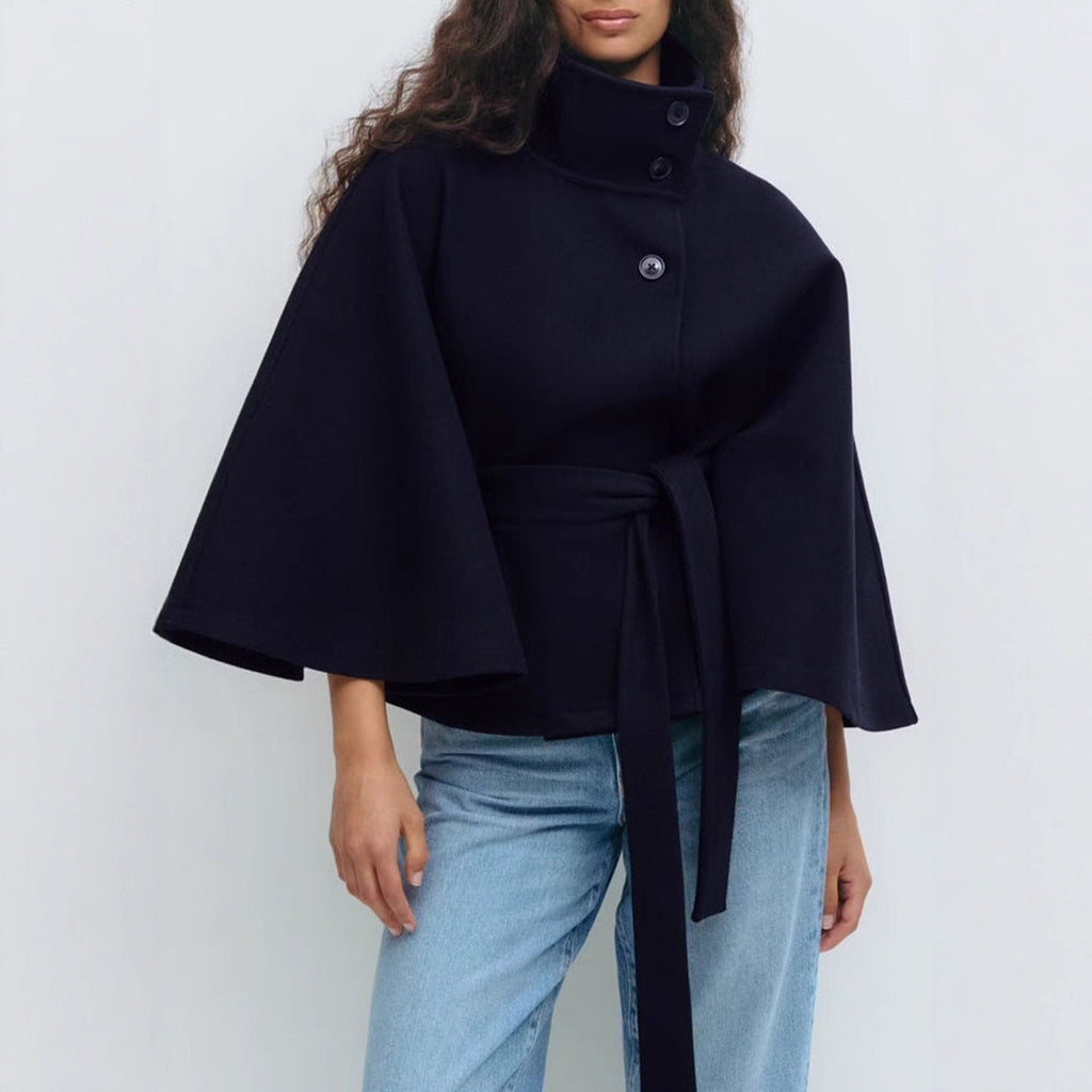 Winter High Neck Batwing Sleeve Coat With Belt Fashion Loose Elegant Button Top Trench Coat For Women Clothing CJ Dropshipping
