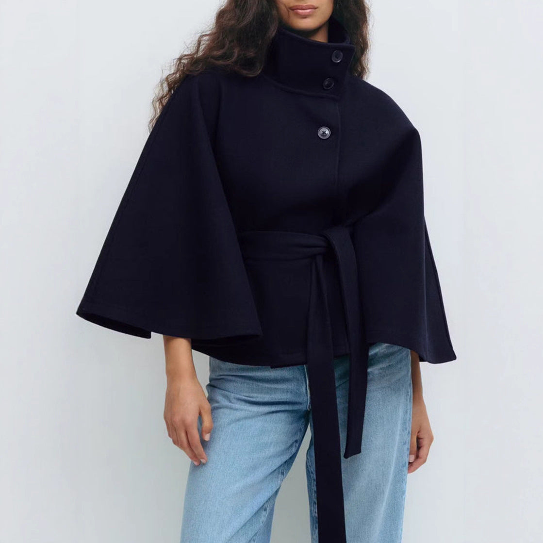 Winter High Neck Batwing Sleeve Coat With Belt Fashion Loose Elegant Button Top Trench Coat For Women Clothing CJ Dropshipping