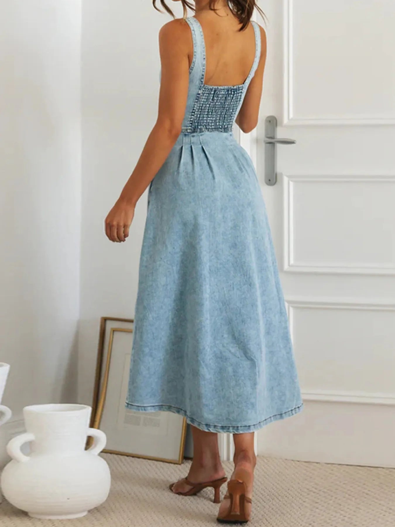 Sweetheart Neck Button-Front Midi Denim Dress.