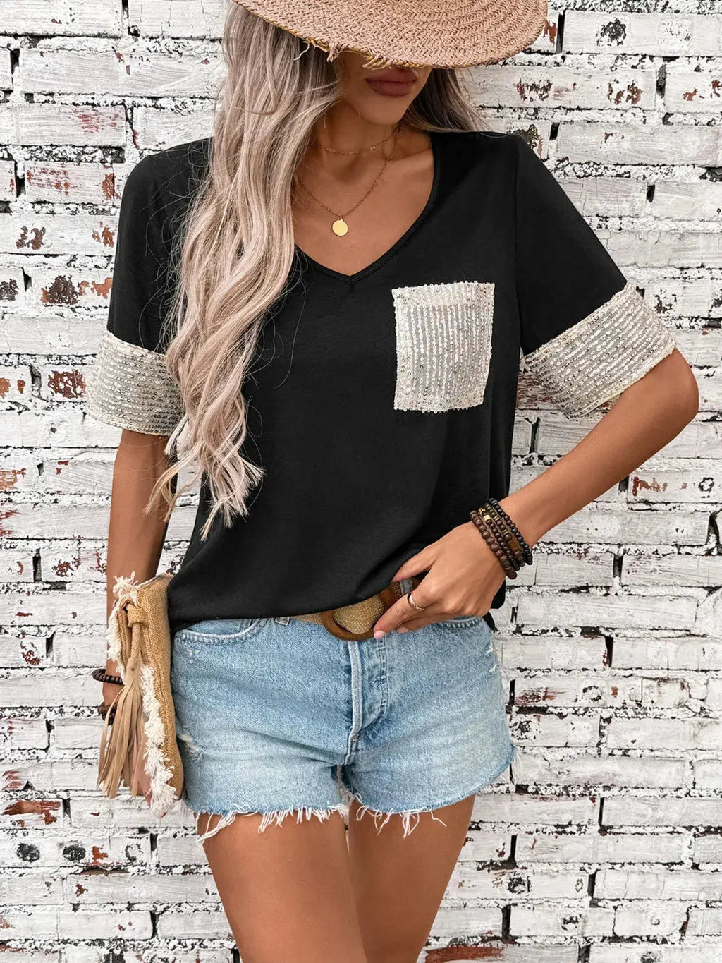 Sequin V-Neck Short Sleeve T-Shirt.
