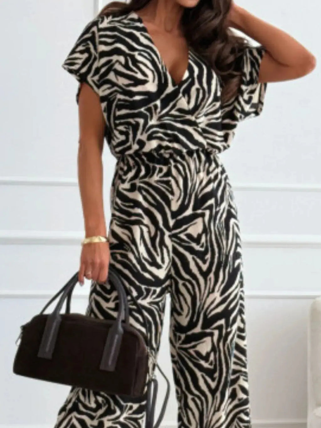 Leopard Print Short Sleeve Wide Leg Jumpsuit.