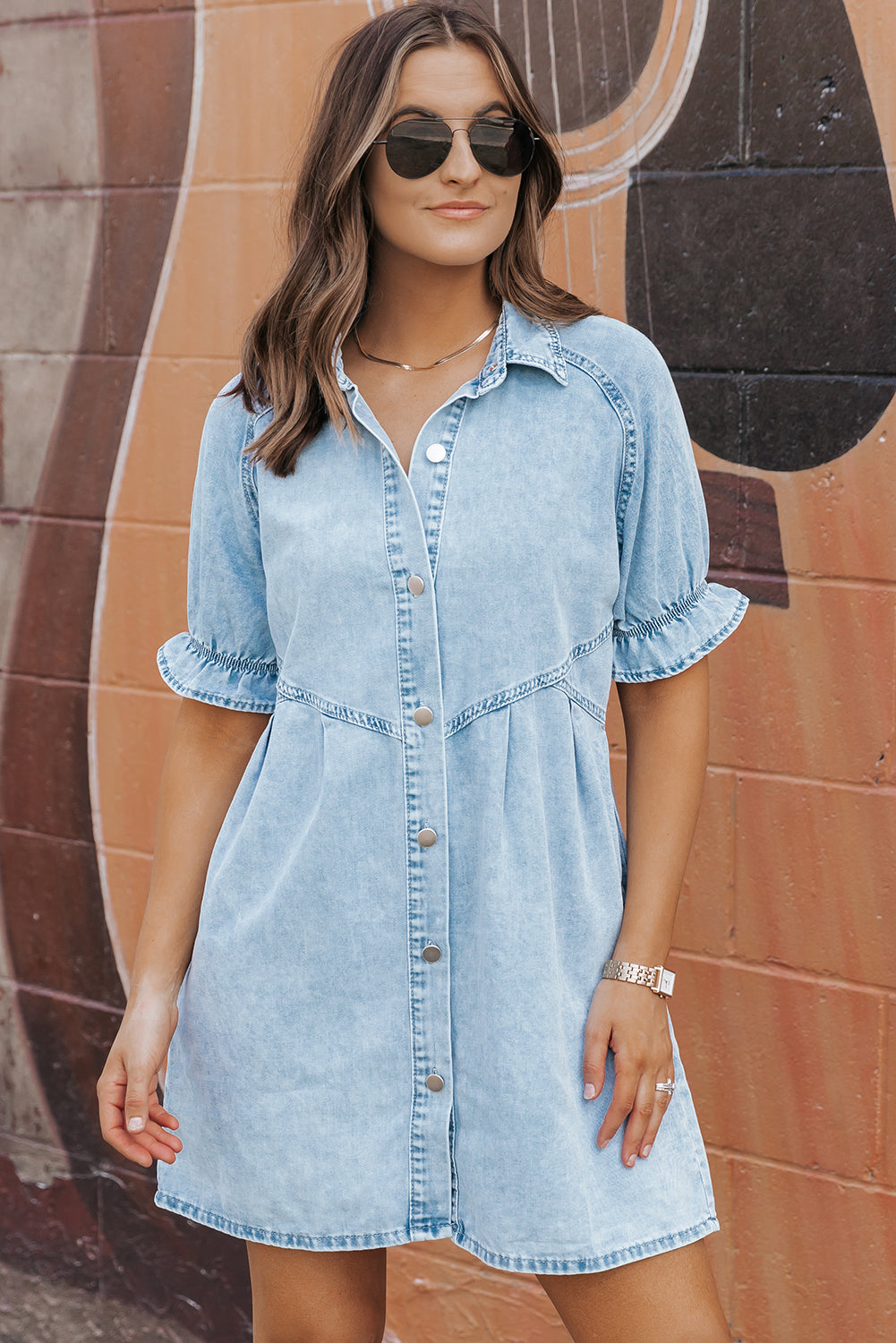 Beau Blue Mineral Wash Ruffled Short Sleeve Buttoned Denim Dress Dear-Lover Dropshipping
