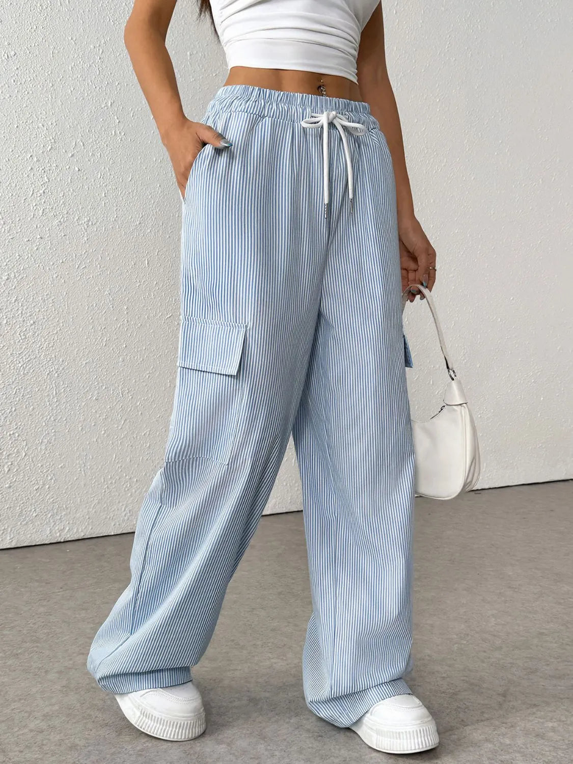 Drawstring Striped Wide Leg Cargo Pants.