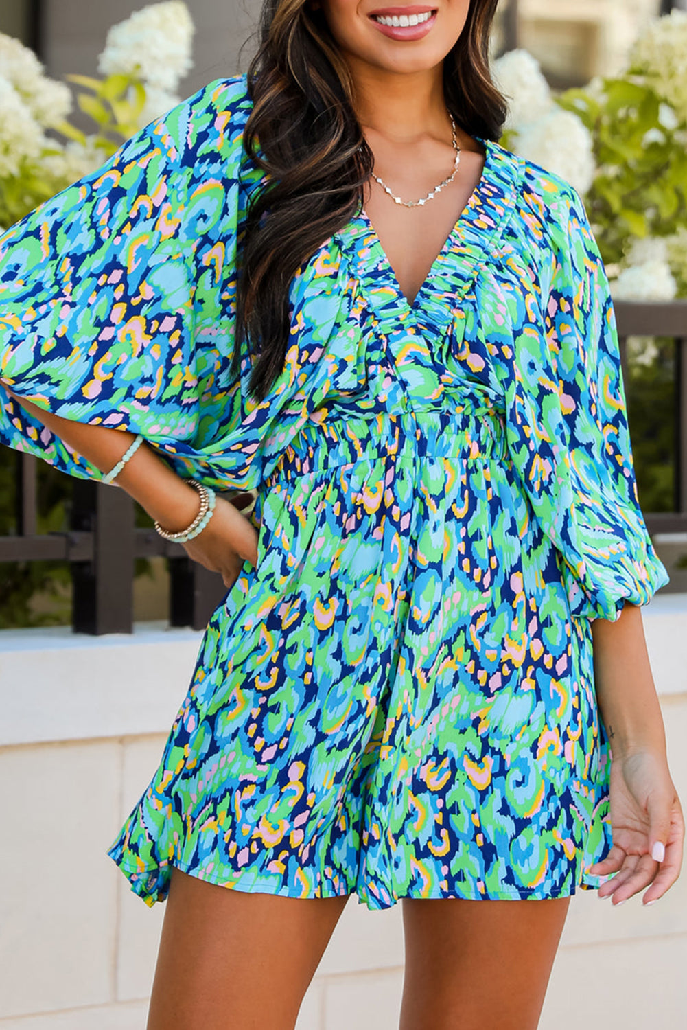 Green Abstract Print Puff Sleeve V Neck High Waist Romper Dear-Lover Dropshipping