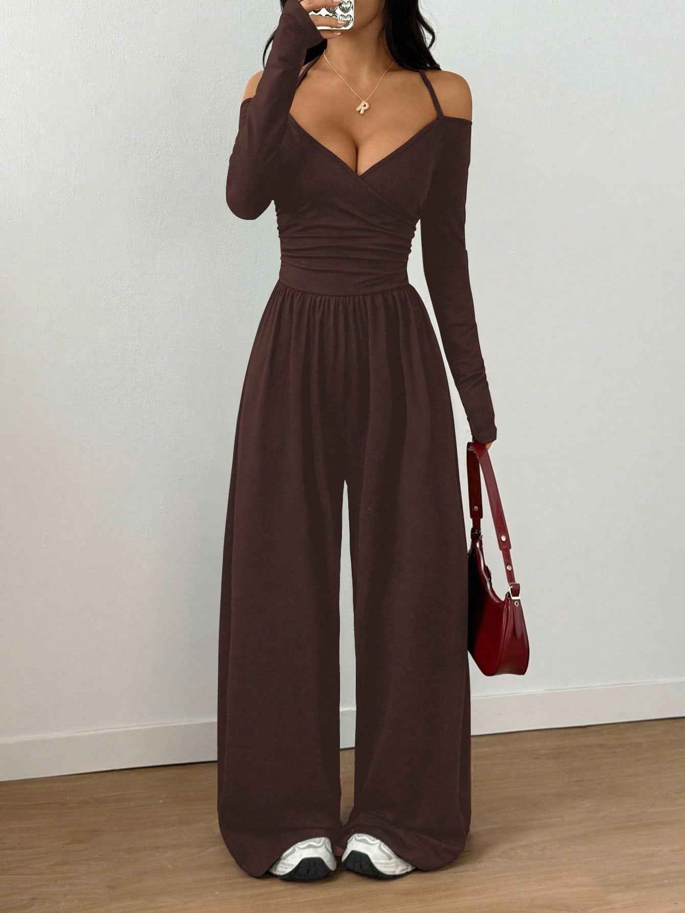 V-neck Halter Lace-up Long-sleeve Jumpsuit For Women