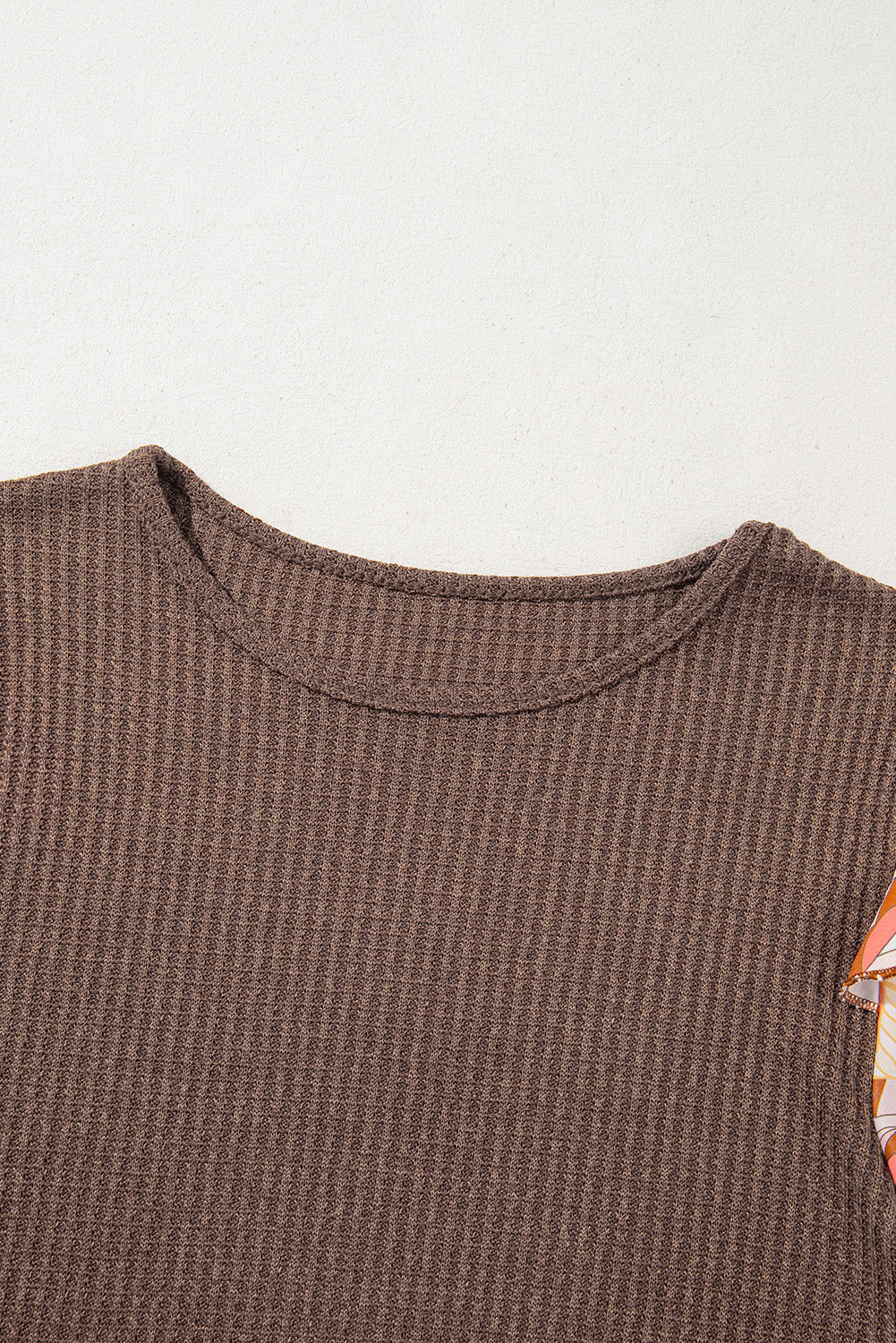 Coffee Ruffled Floral Sleeve Patchwork Waffle Knit O Neck Blouse Dear-Lover Dropshipping