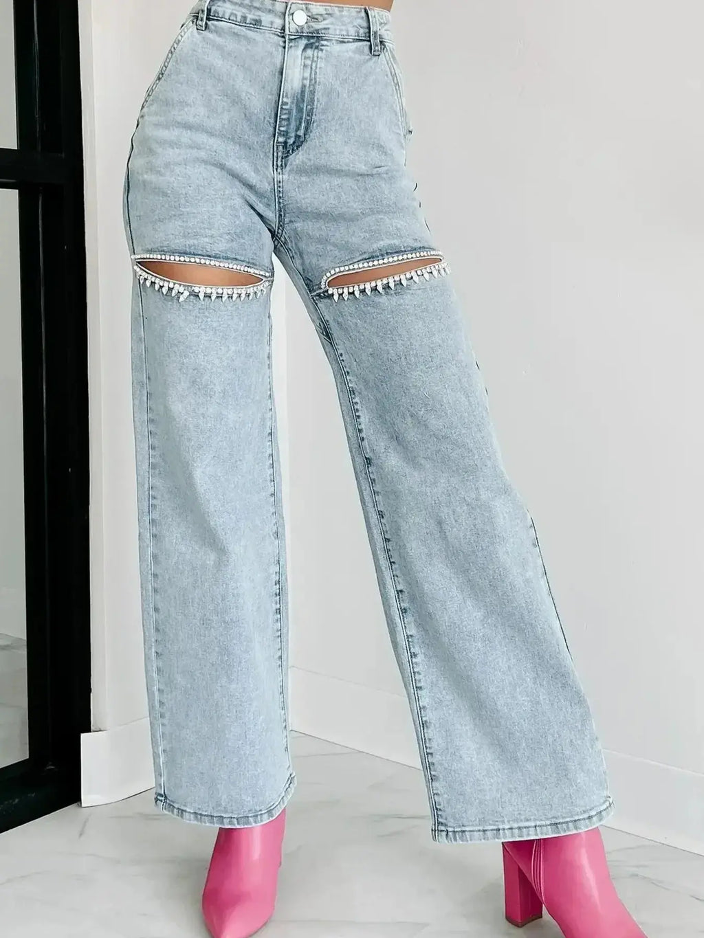 High Waist Cut-Out Wide Leg Jeans.
