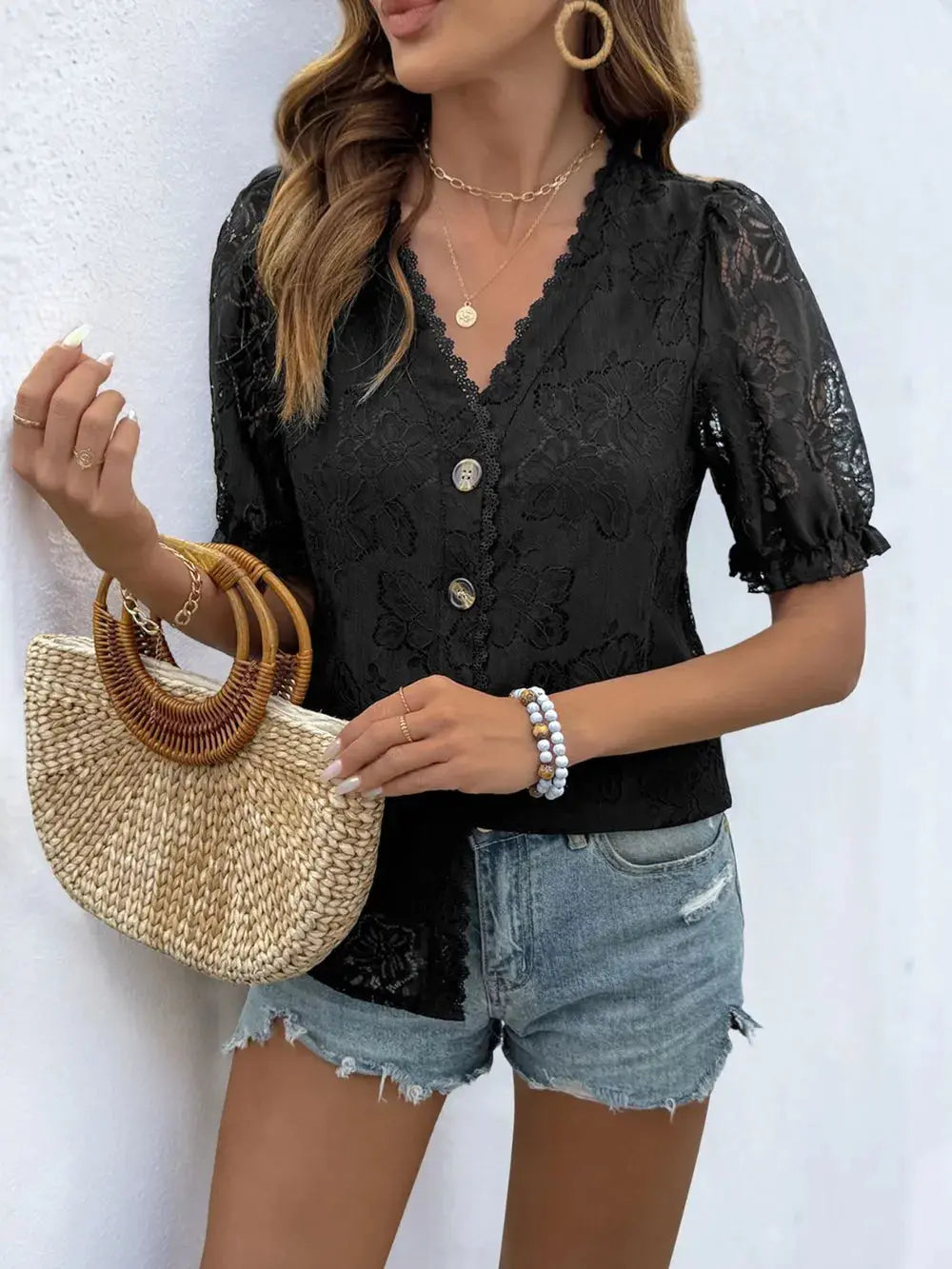 Perfee Button Down Short Sleeve Lace Shirt.