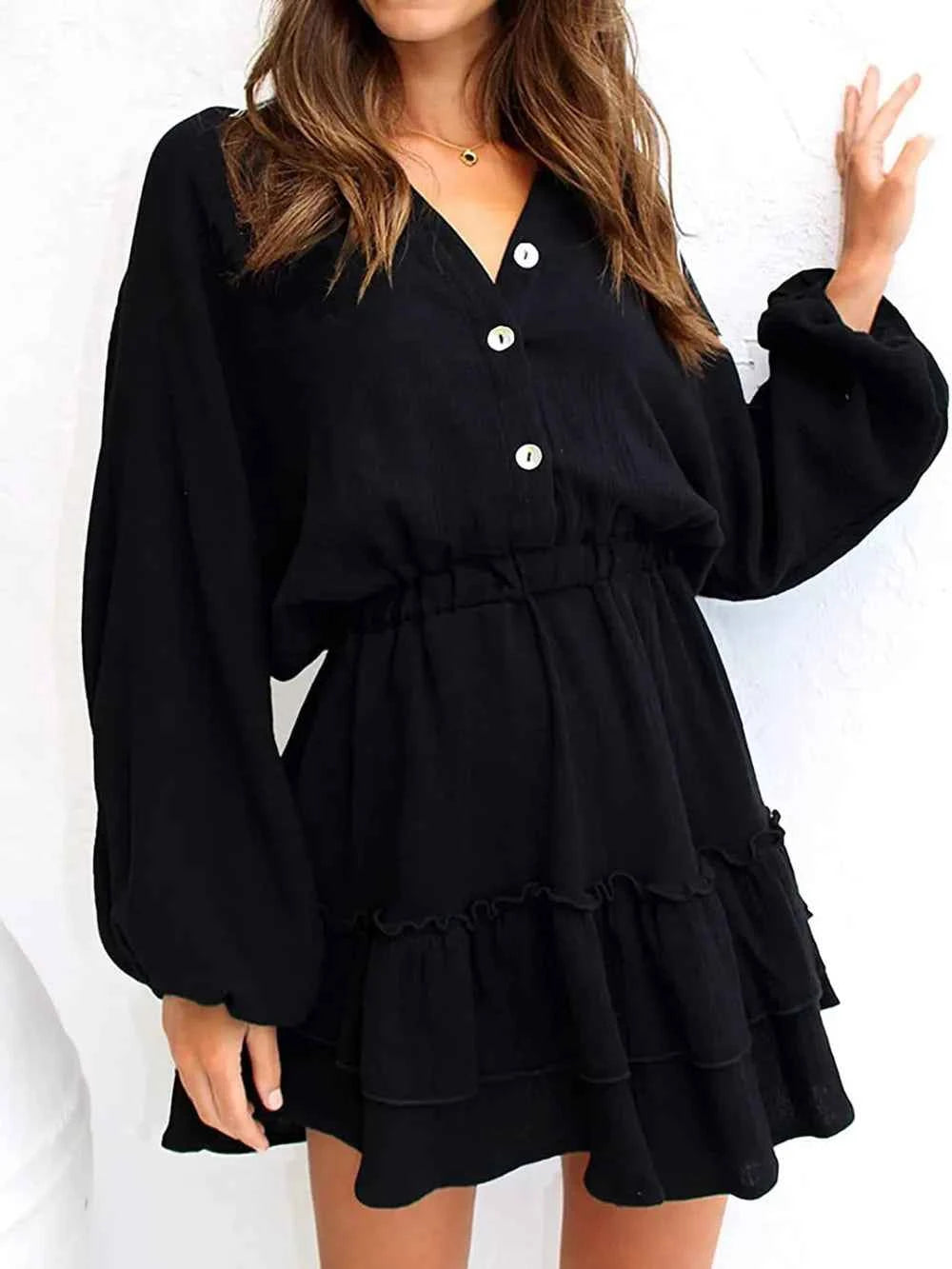 Ruffled Notched Balloon Sleeve Mini Dress.