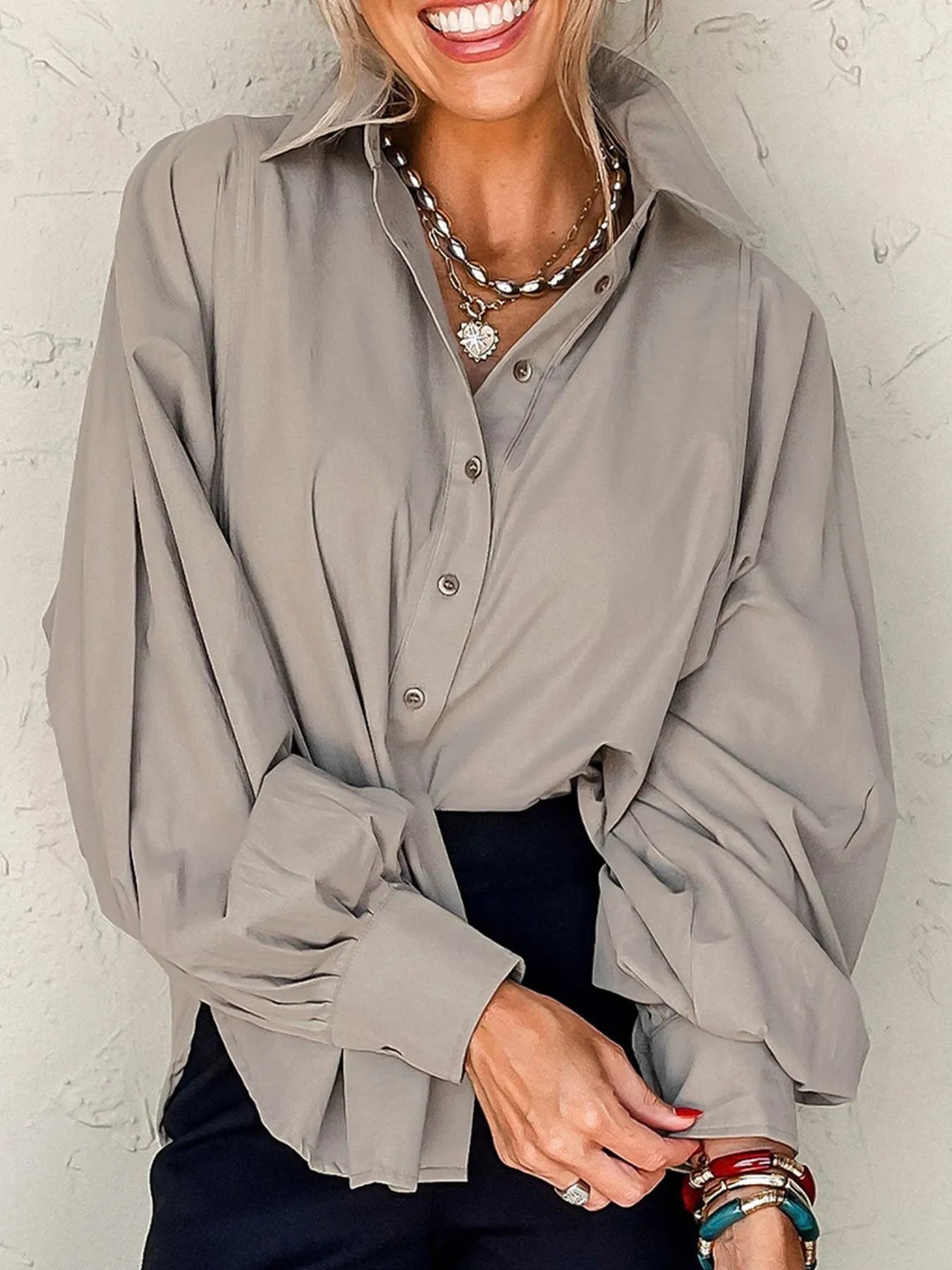 Button Up Lantern Sleeve Shirt.