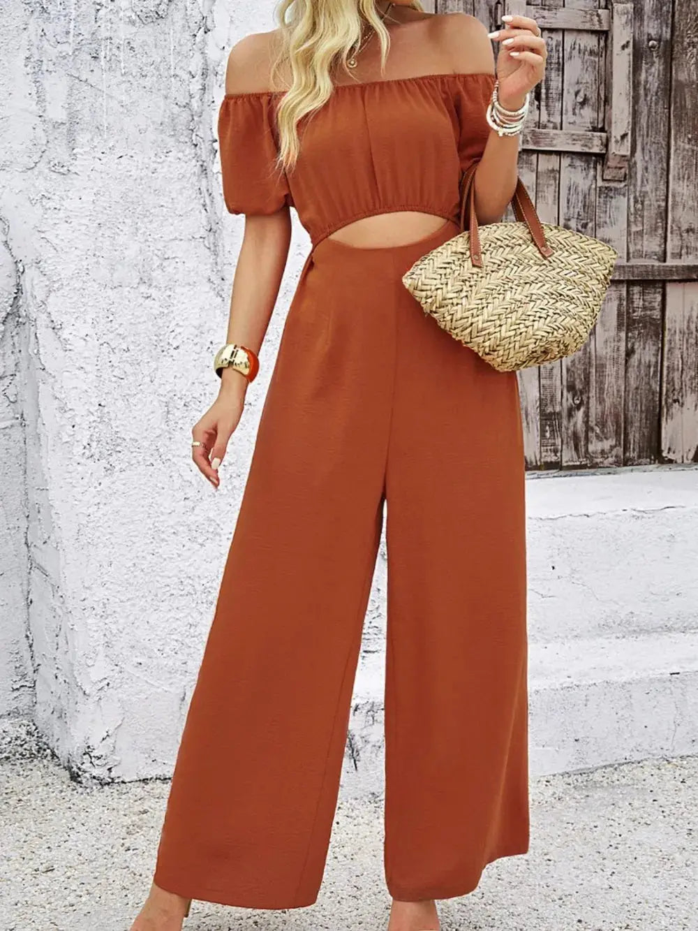Devine Cutout Off Shoulder Wide Leg Jumpsuit.