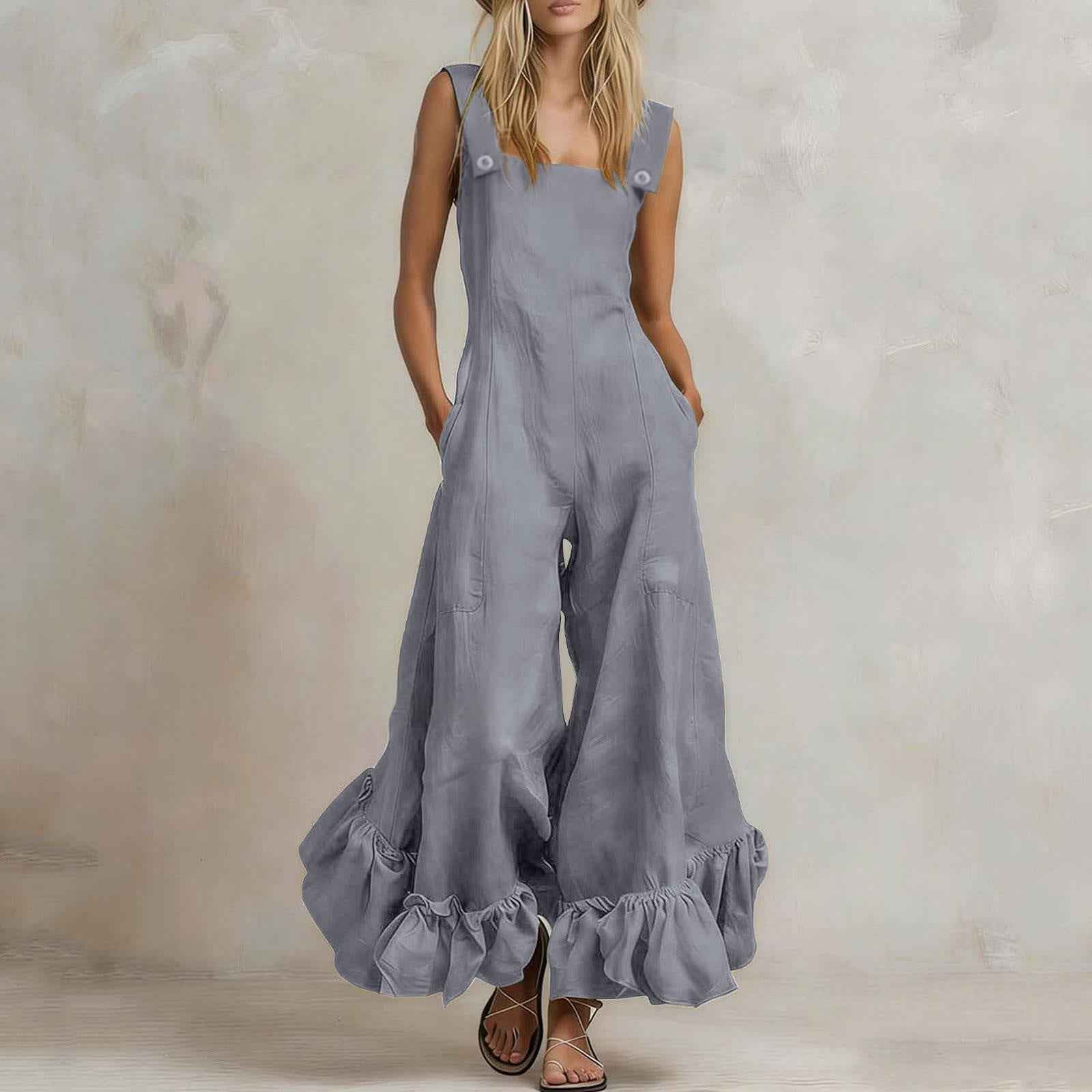 Wide-leg Flounce-trimmed Strap Jumpsuit For Women