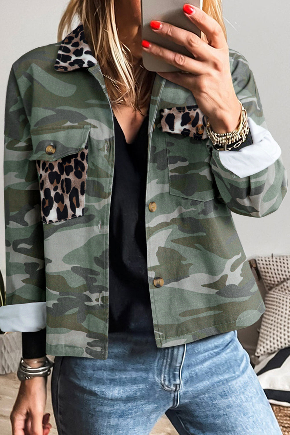 Green Camo Leopard Patchwork Flap Pocket Crop Jacket Dear-Lover Dropshipping