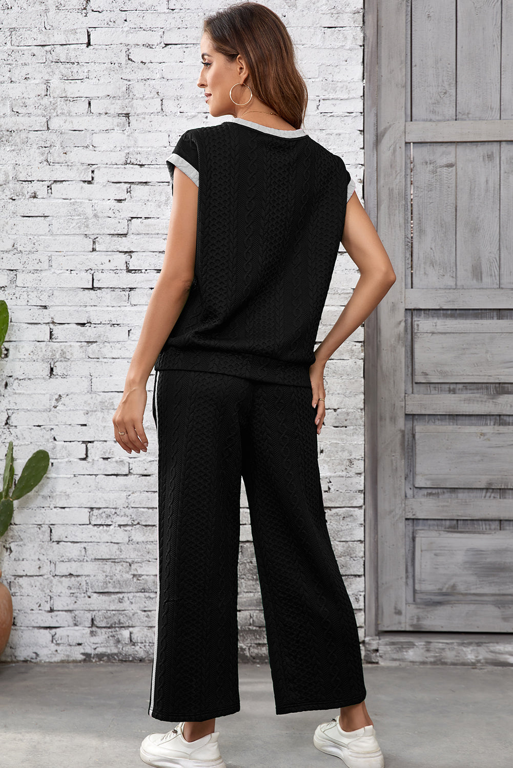 Black Cable Knit Contrast Trim Short Sleeve Top and Pants Set Dear-Lover Dropshipping