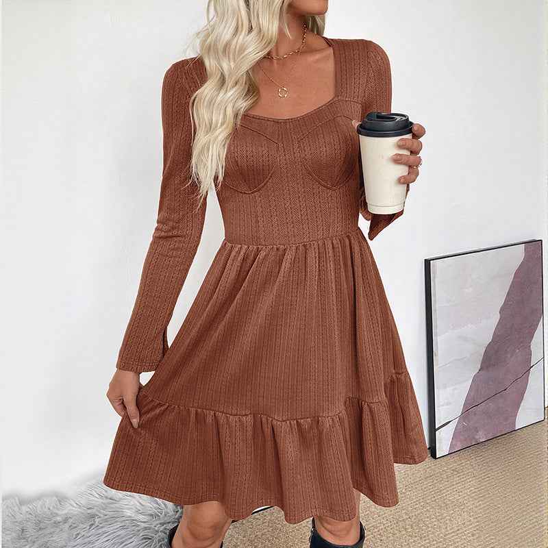 Retro style waist cinching knitted solid color square neck A-line dress