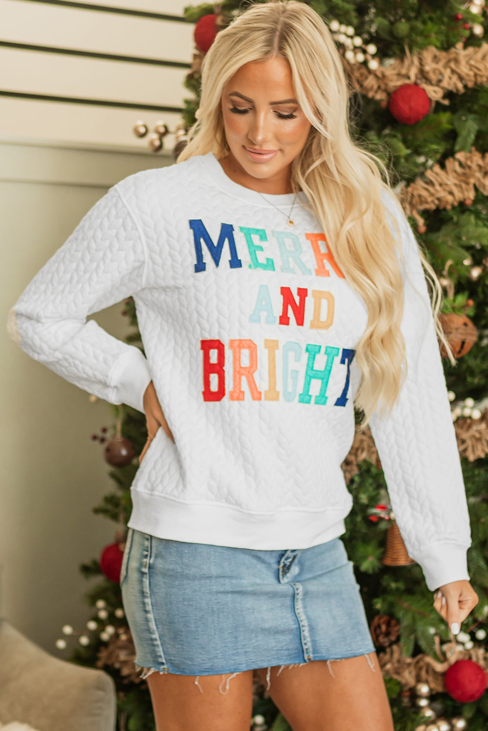White Merry And Bright Cable Knit Pullover Sweatshirt Dear-Lover Dropshipping