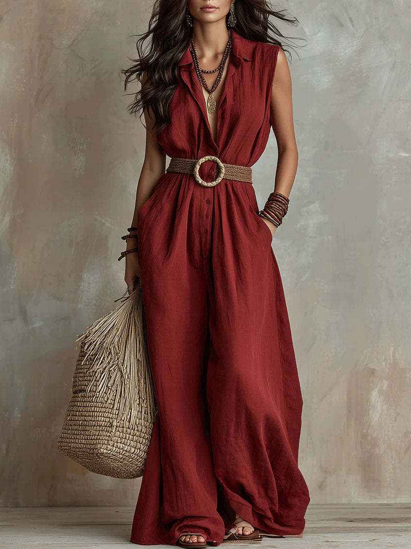 Loose-fit V-neck Sleeveless Solid-color Casual Elegant Button-front Womens Jumpsuit