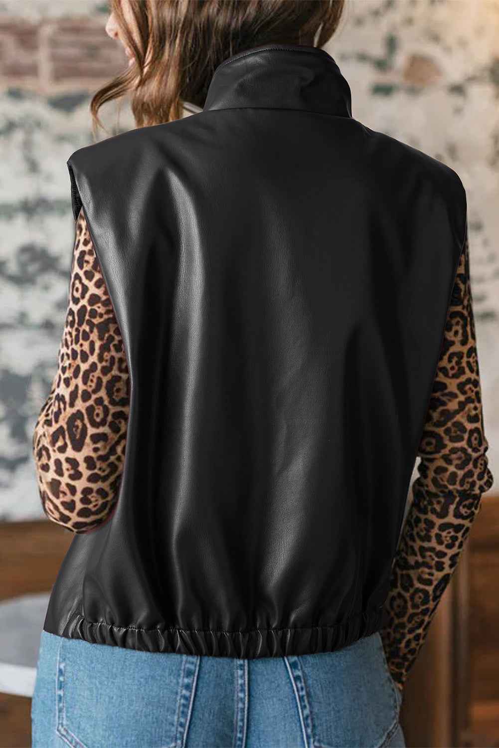 Black Double Flap Pocket Faux Leather Zip Up Stand Neck Vest
