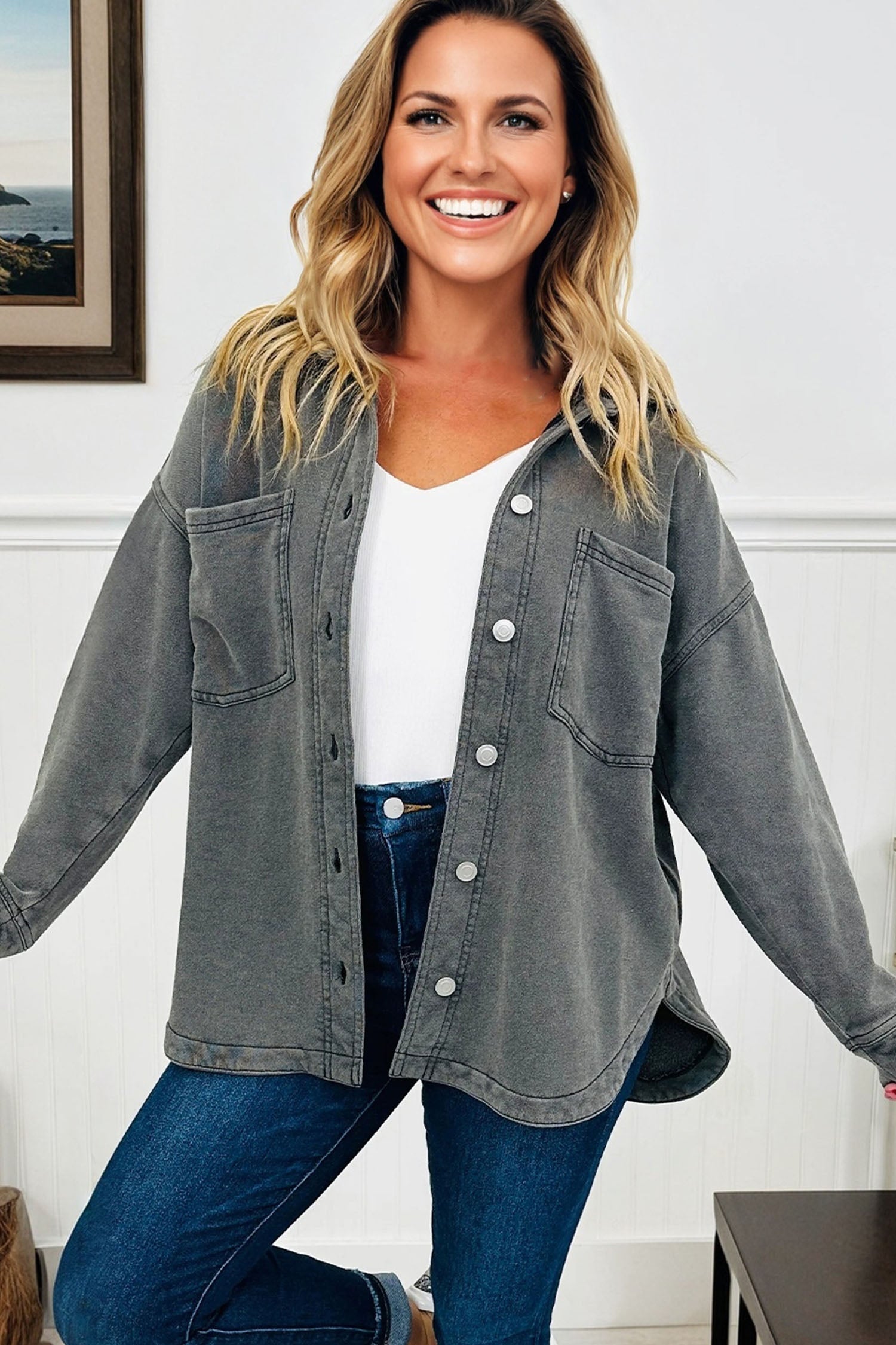 Medium Grey Mineral Wash Chest Pockets Drop Shoulder Shacket with Side Slit