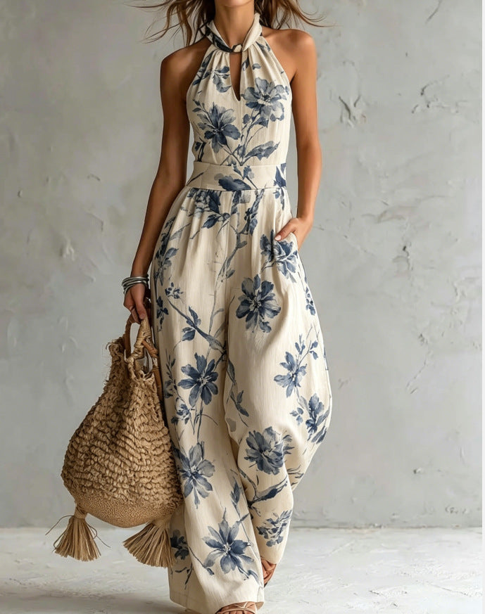 New halter backless jumpsuit, blue and white tie-dye wide-leg pants, summer beach women's wear eprolo