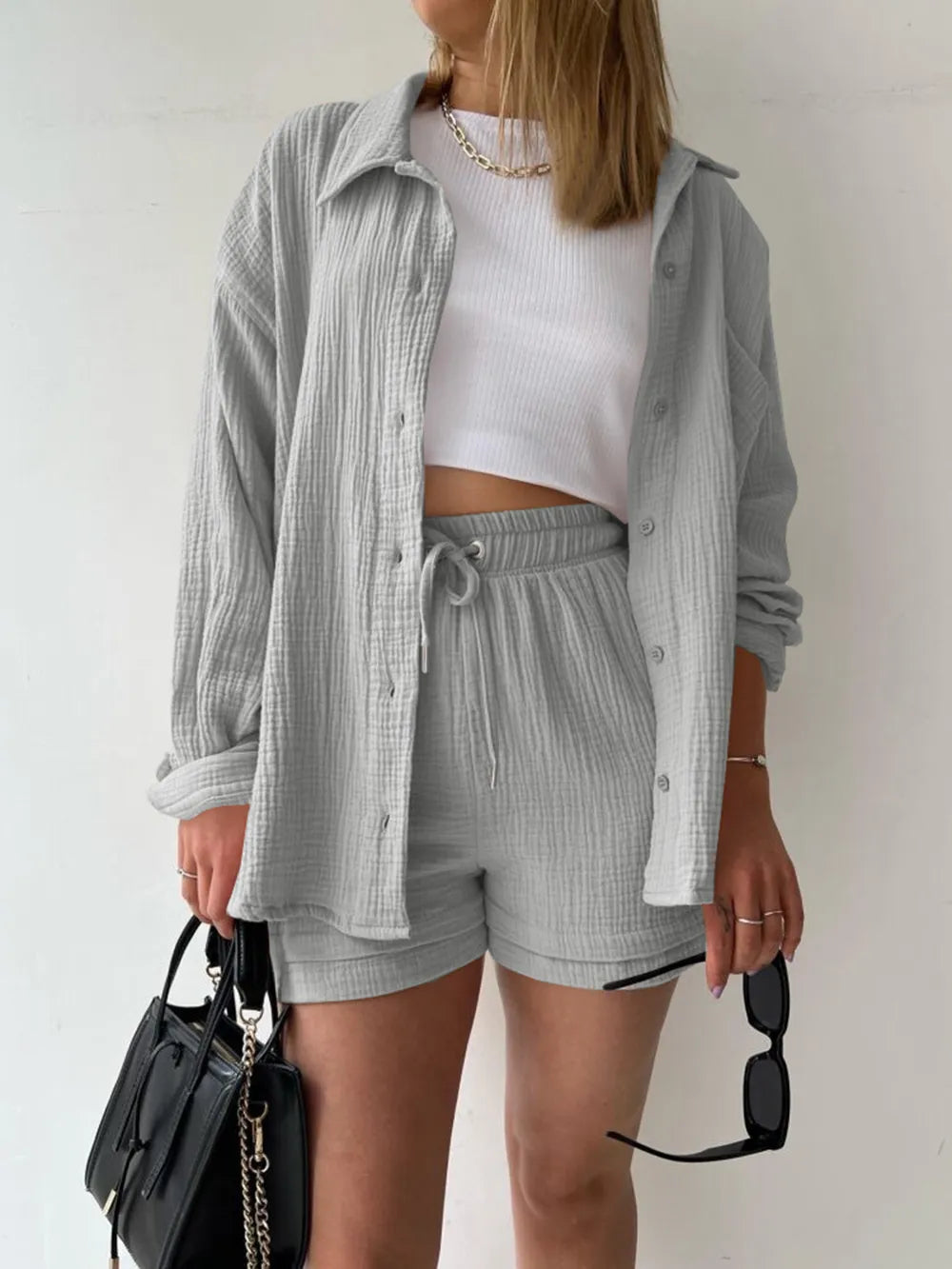 Texture Button Up Shirt and Drawstring Shorts Set - CHIC TB
