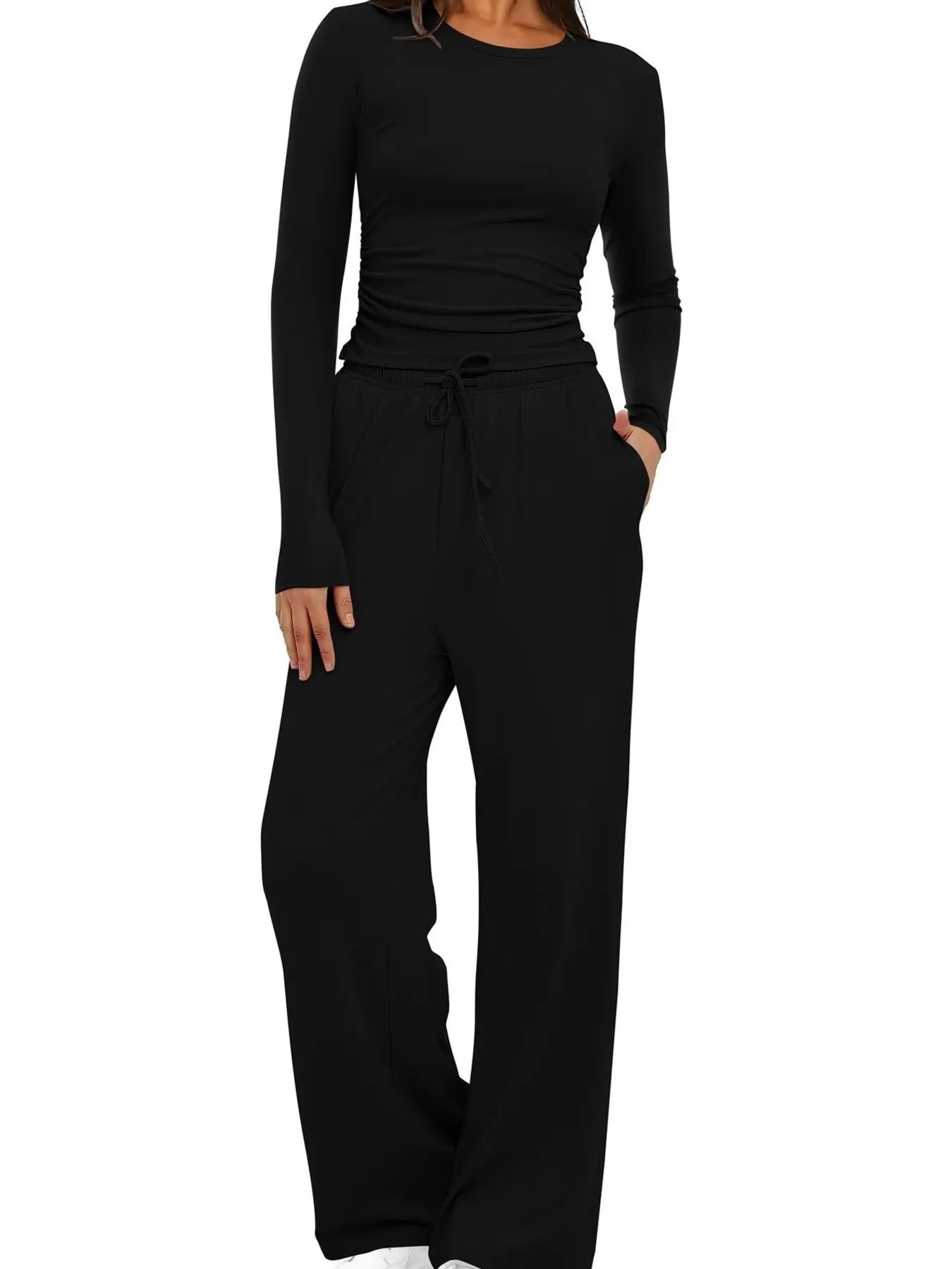Round Neck Long Sleeve Top and Pants Set.