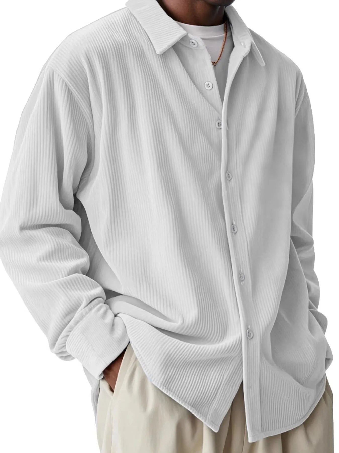 Men's Full Size Textured Button-Down Corduroy Shirt Plus Size.