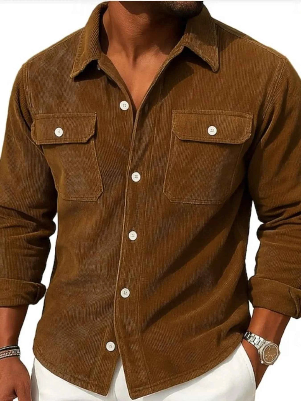 Men's Full Size Corduroy Long Sleeve Button-Down Shirt Plus Size