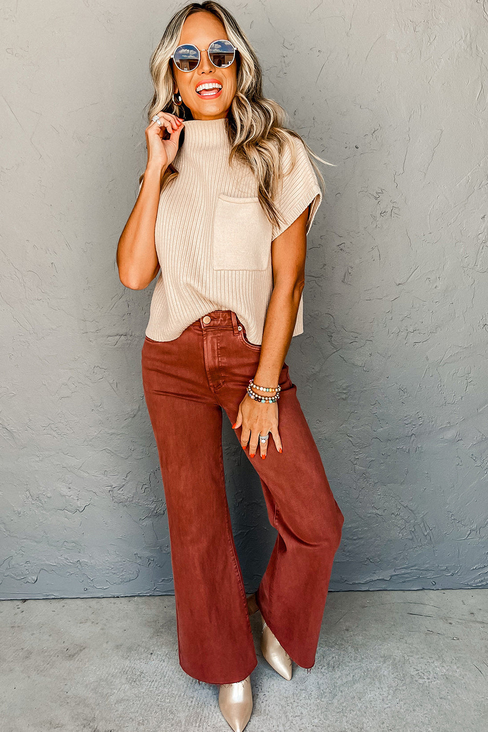 Oatmeal Patch Pocket Ribbed Knit Short Sleeve Sweater Dear-Lover Dropshipping