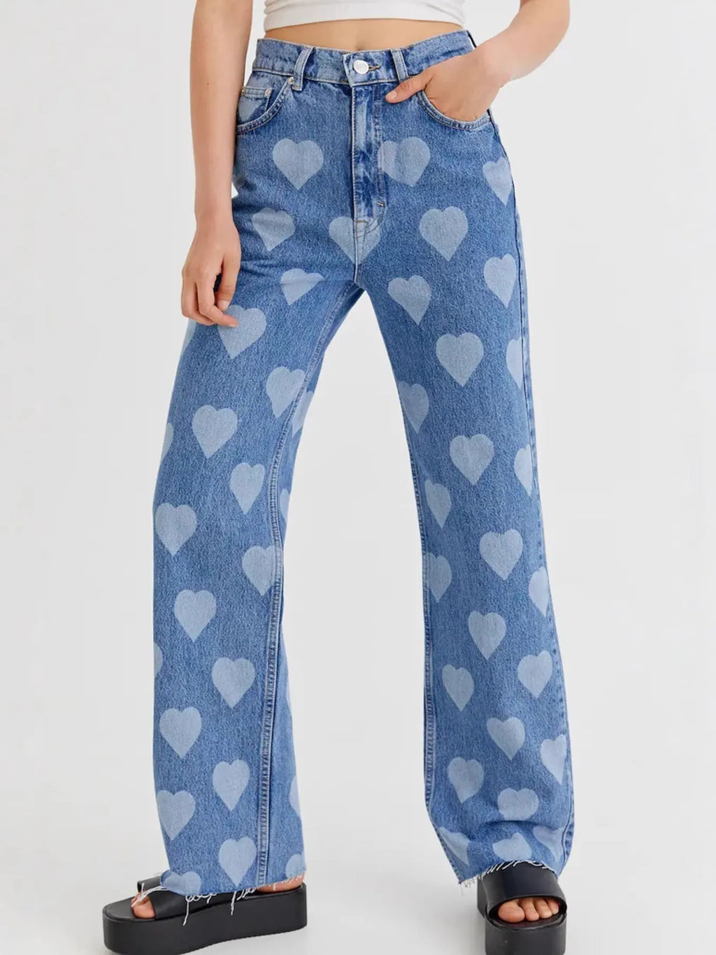 Heart Pattern High-Waist Wide Leg Jeans.