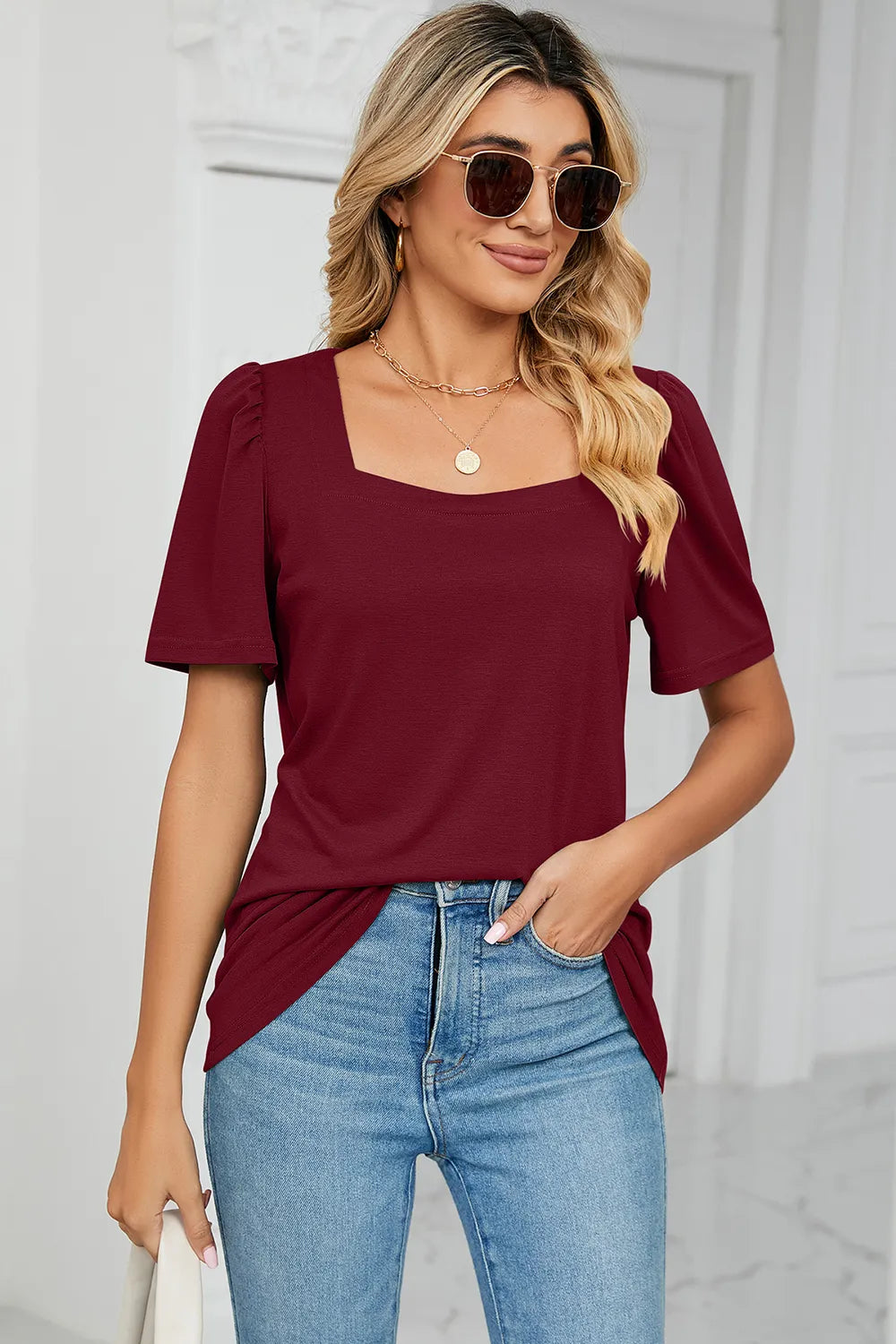 Square Neck Short Sleeve women T-Shirt.