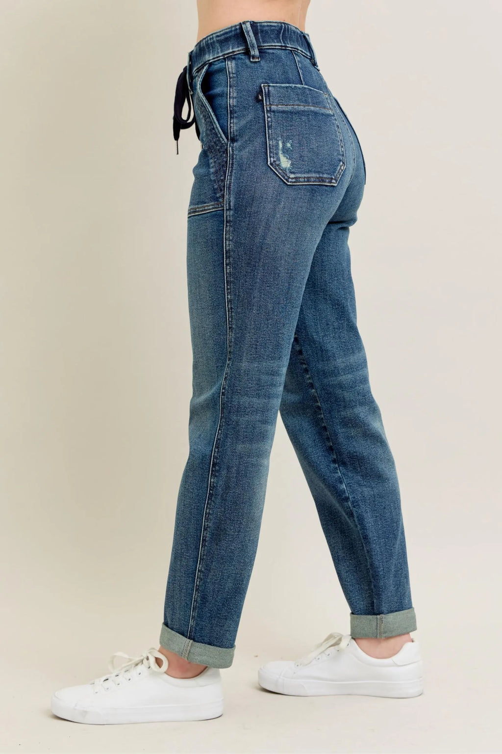 HIGH WAISTED Vintage Wash Jeans w/ Drawstring Plus Size.