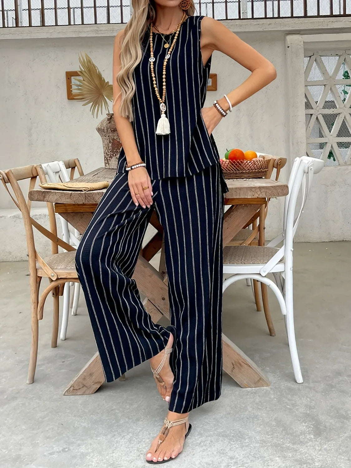 Striped Sleeveless Top and Pants Two-Piece Set - CHIC TB